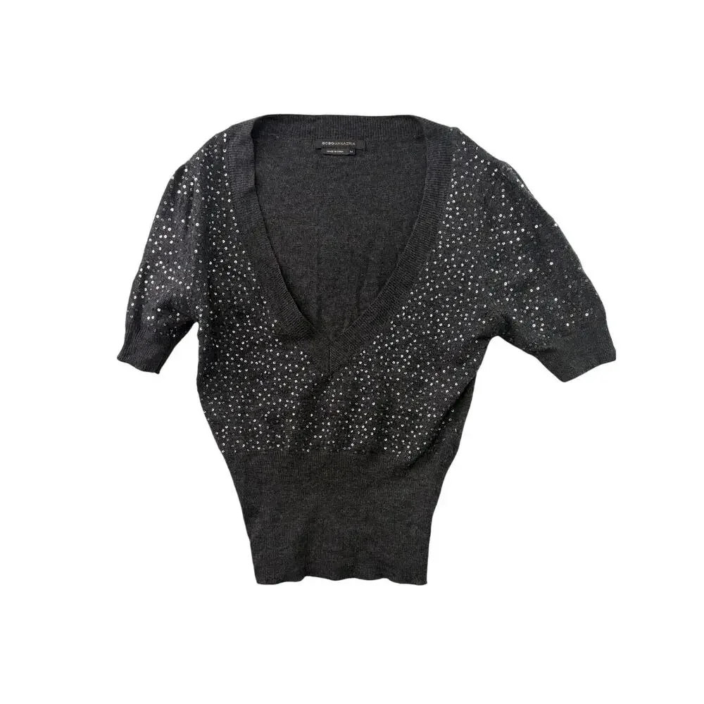 BCBGMAXAZRIA Sequin Short Sleeve Sweater – Charcoal Gray – Size M